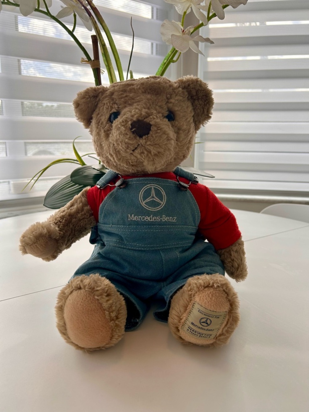 Mercedes Benz Plush Teddy Bear in Brown with Red Shirt and Blue Overalls